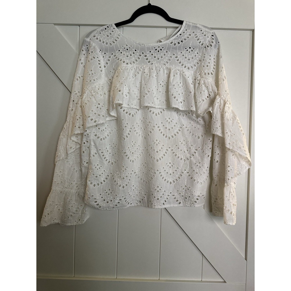 Simply Vera Wang Bohemian White Eyelet/Lace Ruffle Front Blouse Women's XS
